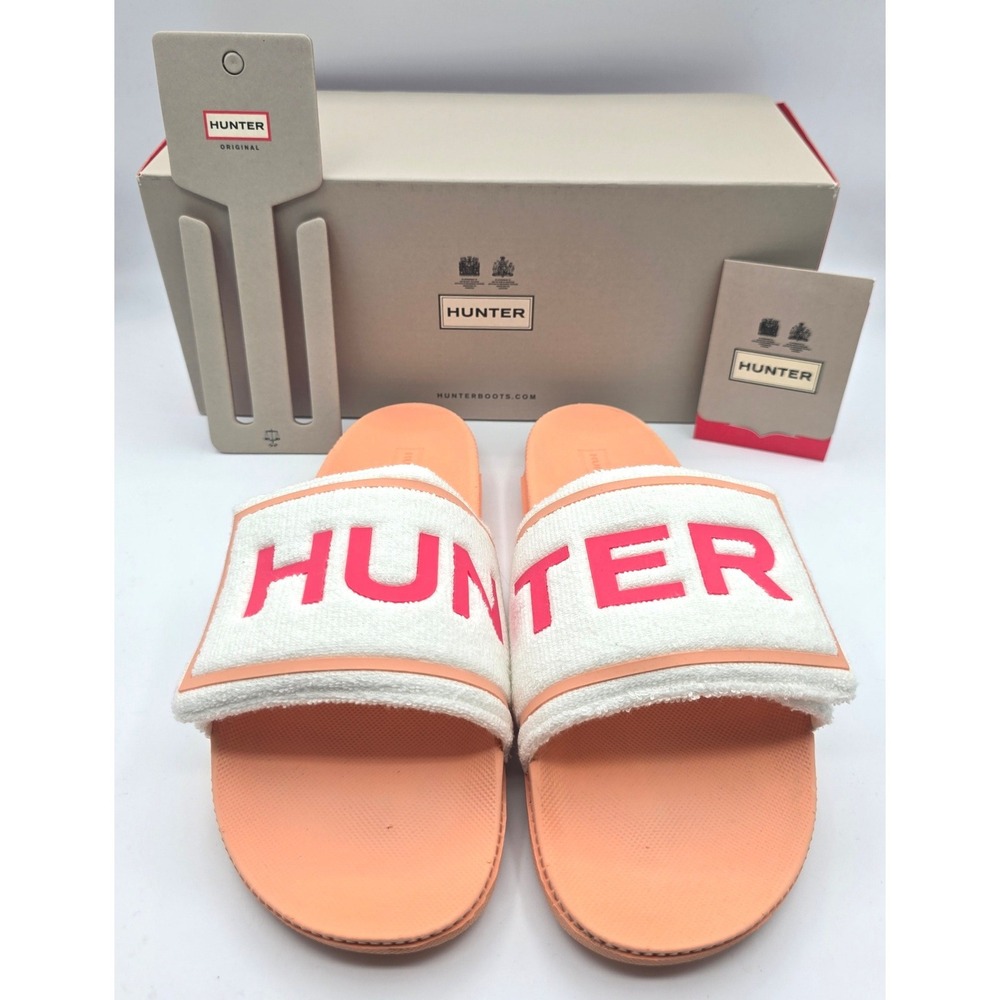 Hunter Original Terry Towelling Logo Slides Peach White Pink US 9 RARE‎ HTF